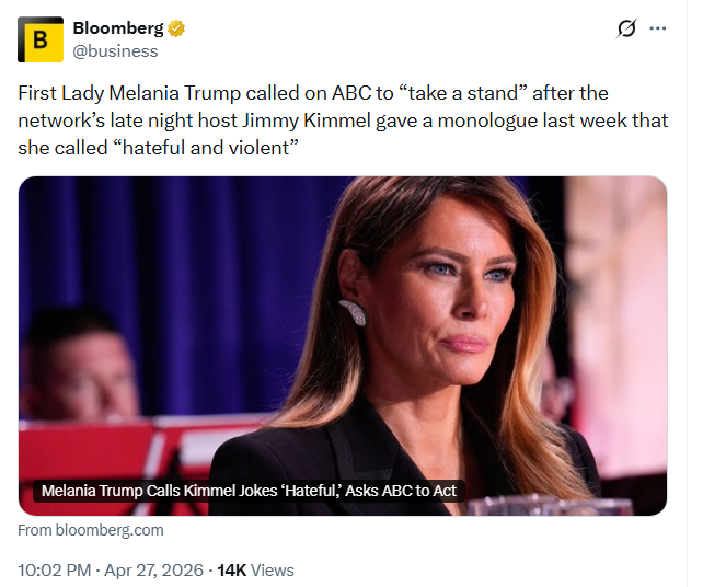 Melania Trump Slams Jimmy Kimmel Over Widow Joke After White House Dinner Shooting